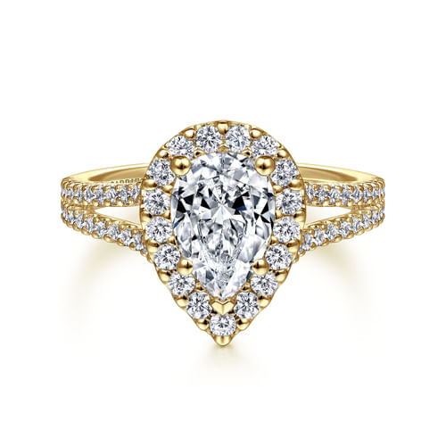14K Yellow Gold Pear Shape Halo Diamond Engagement Ring