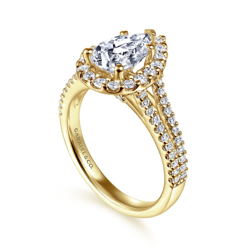 14K Yellow Gold Pear Shape Halo Diamond Engagement Ring