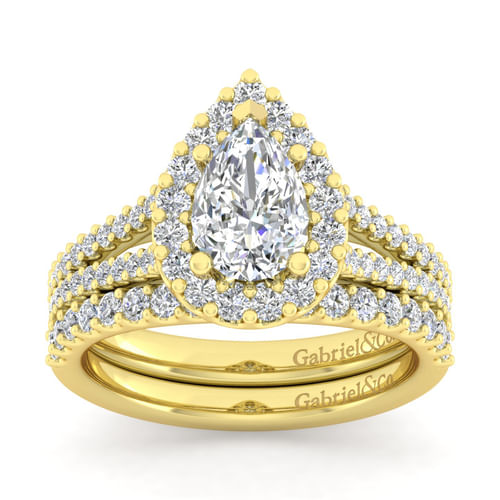14K Yellow Gold Pear Shape Halo Diamond Engagement Ring