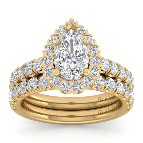 14K Yellow Gold Pear Shape Halo Diamond Engagement Ring