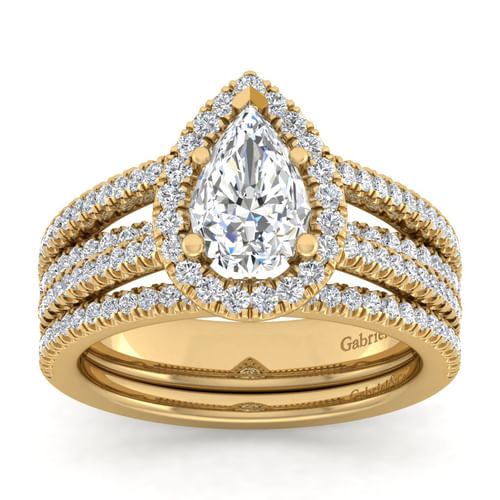 14K Yellow Gold Pear Shape Halo Diamond Engagement Ring