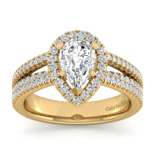14K Yellow Gold Pear Shape Halo Diamond Engagement Ring