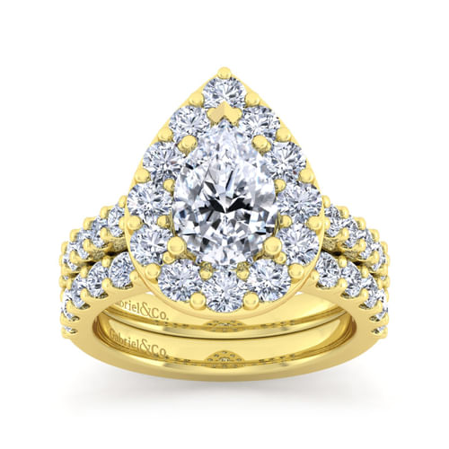14K Yellow Gold Pear Shape Halo Diamond Engagement Ring