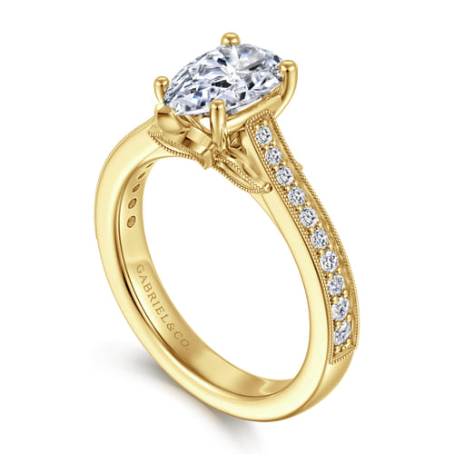 14K Yellow Gold Pear Shape Lotus Diamond Engagement Ring