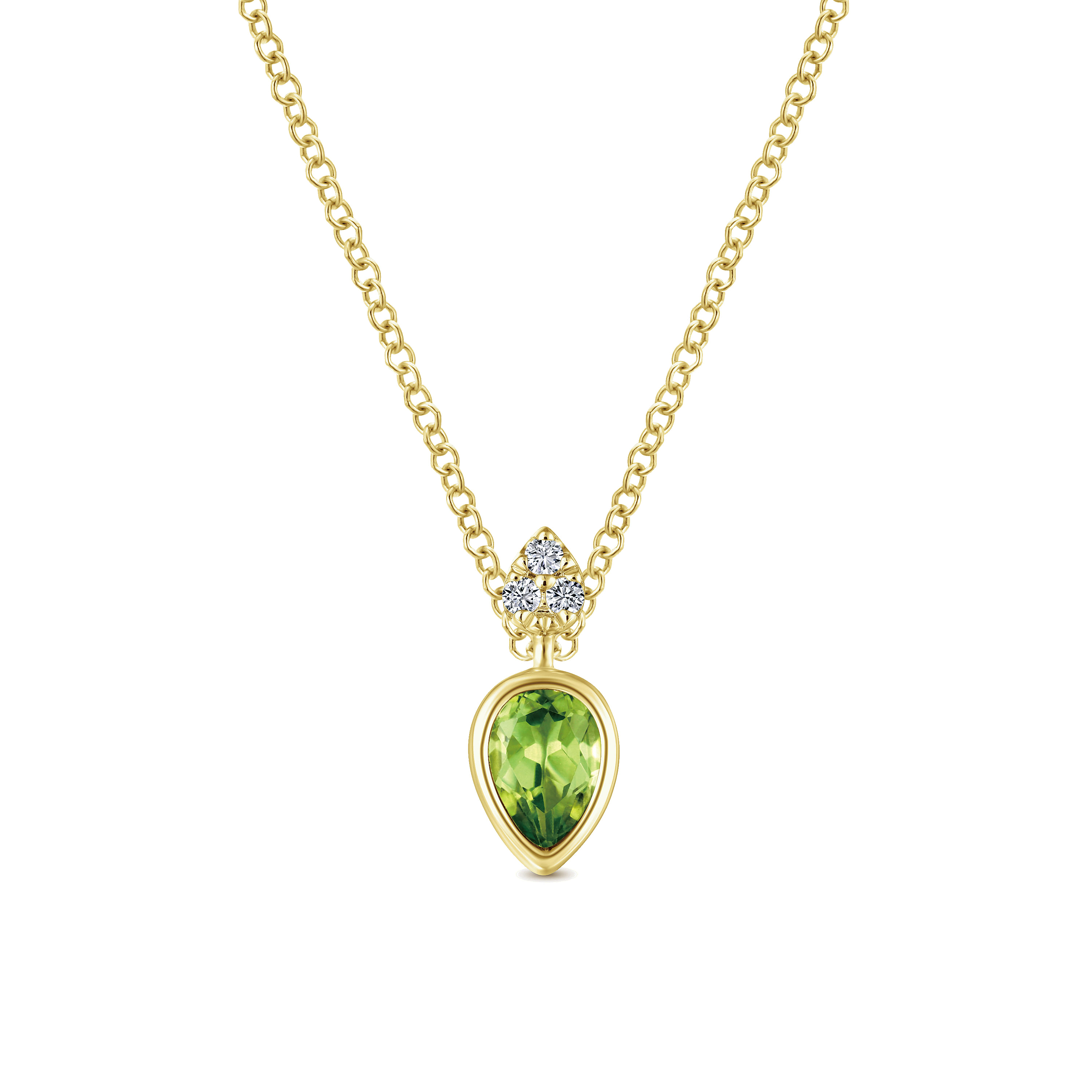 14K Yellow Gold Pear Shape Peridot Pendant Necklace with Diamond Accents