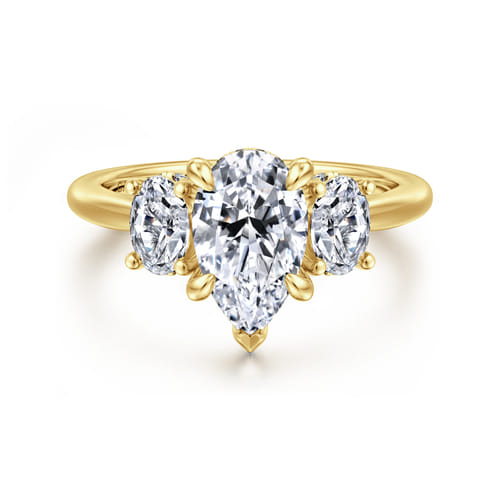 14K Yellow Gold Pear Shape Three Stone Diamond Engagement Ring