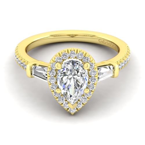 14K Yellow Gold Pear Shape Three Stone Halo Diamond Channel Set Engagement Ring