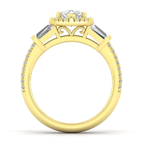 14K Yellow Gold Pear Shape Three Stone Halo Diamond Channel Set Engagement Ring