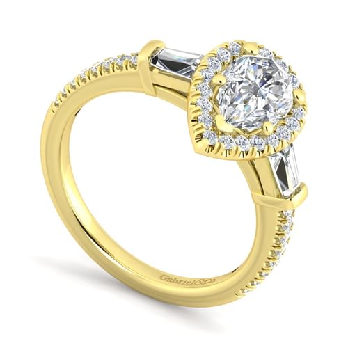 14K Yellow Gold Pear Shape Three Stone Halo Diamond Channel Set Engagement Ring