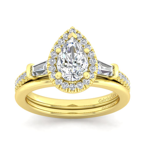 14K Yellow Gold Pear Shape Three Stone Halo Diamond Channel Set Engagement Ring