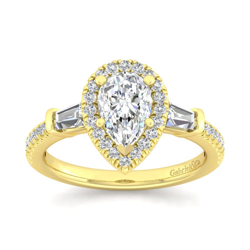14K Yellow Gold Pear Shape Three Stone Halo Diamond Channel Set Engagement Ring