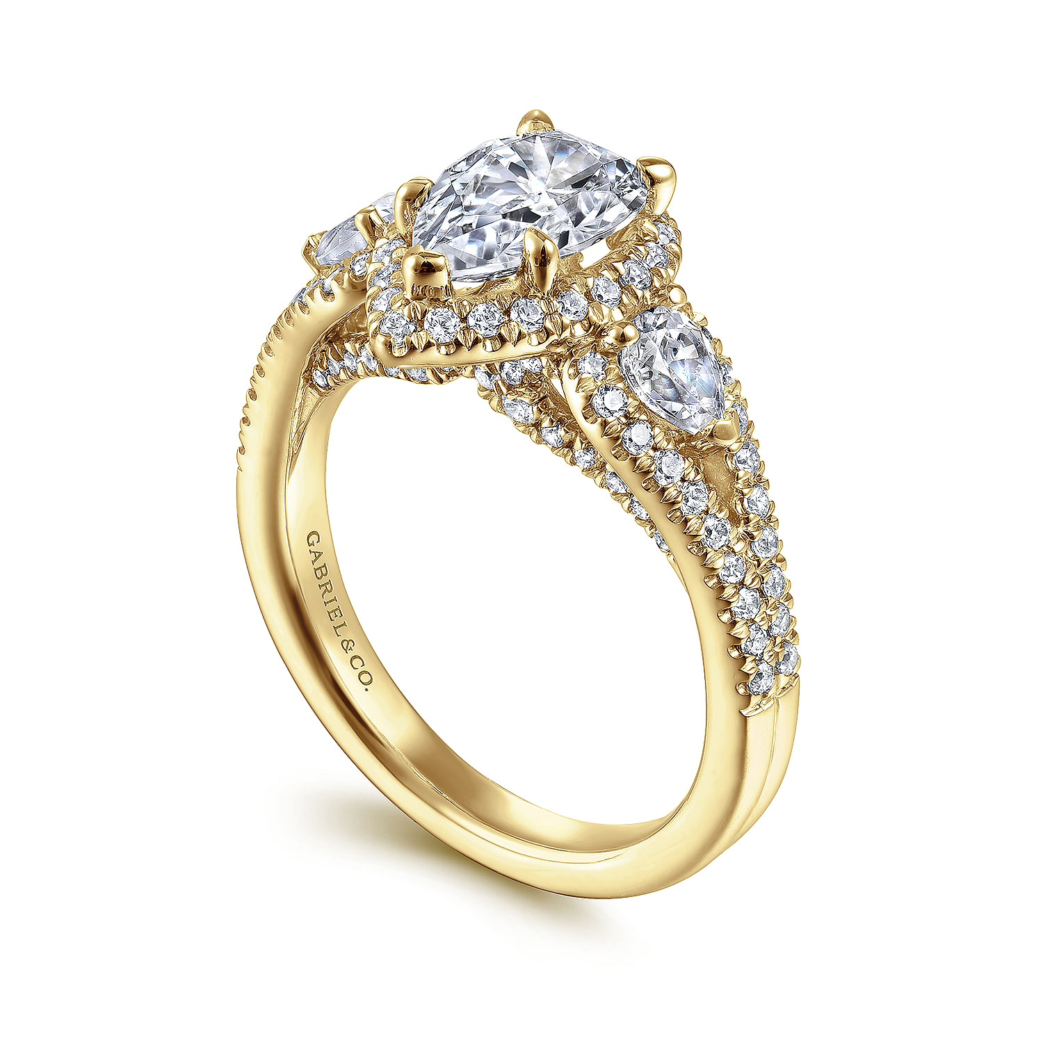 14K Yellow Gold Pear Shape Three Stone Halo Diamond Engagement Ring
