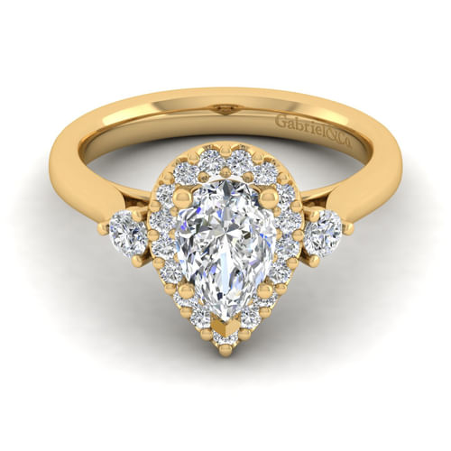 14K Yellow Gold Pear Shape Three Stone Halo Diamond Engagement Ring