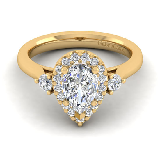Gabriel - 14K Yellow Gold Pear Shape Three Stone Halo Diamond Engagement Ring
