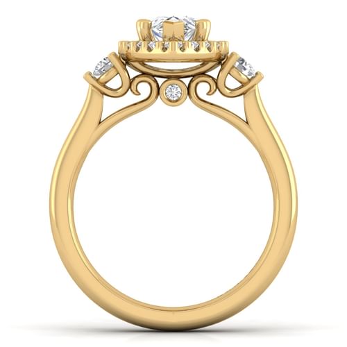 14K Yellow Gold Pear Shape Three Stone Halo Diamond Engagement Ring