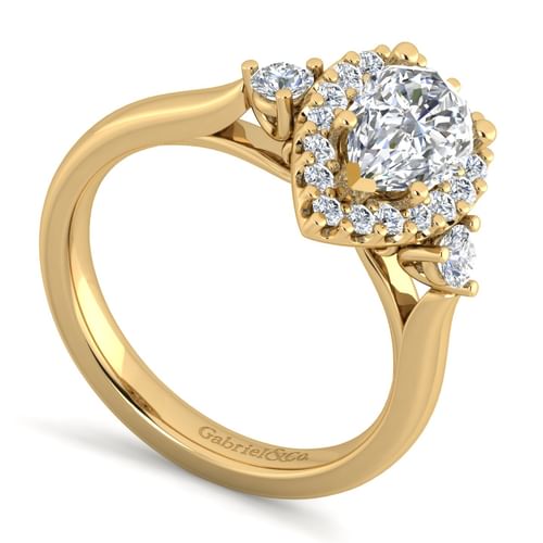 14K Yellow Gold Pear Shape Three Stone Halo Diamond Engagement Ring