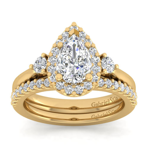 14K Yellow Gold Pear Shape Three Stone Halo Diamond Engagement Ring