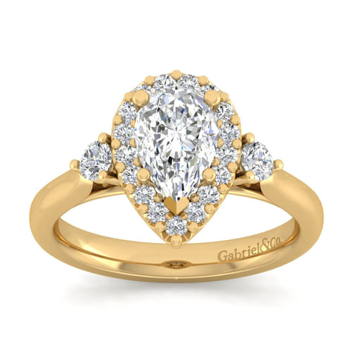 14K Yellow Gold Pear Shape Three Stone Halo Diamond Engagement Ring