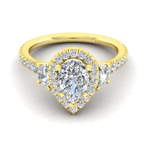 14K Yellow Gold Pear Shape Three Stone Halo Diamond Engagement Ring
