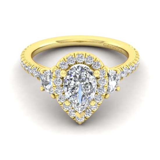 Gabriel - 14K Yellow Gold Pear Shape Three Stone Halo Diamond Engagement Ring