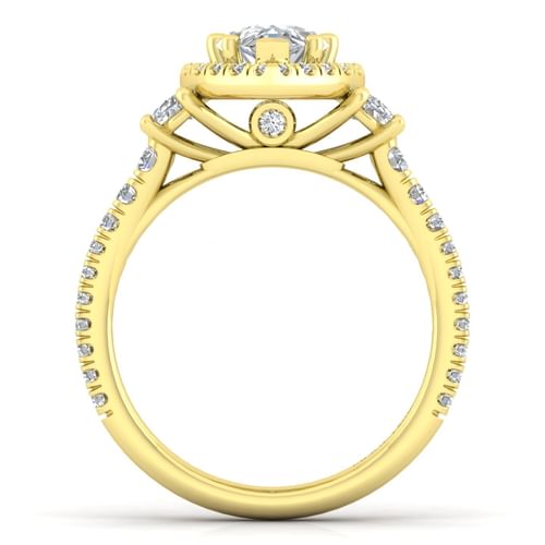 14K Yellow Gold Pear Shape Three Stone Halo Diamond Engagement Ring