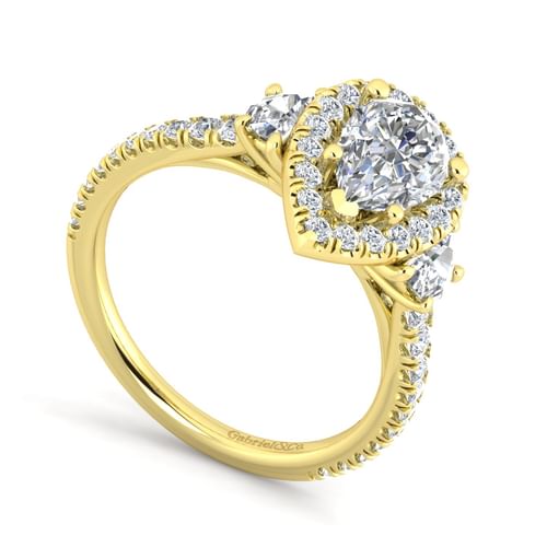14K Yellow Gold Pear Shape Three Stone Halo Diamond Engagement Ring