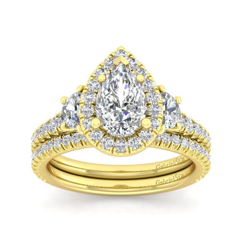 14K Yellow Gold Pear Shape Three Stone Halo Diamond Engagement Ring