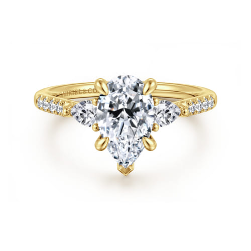 14K Yellow Gold Pear Shape Three Stone Lotus Diamond Engagement Ring