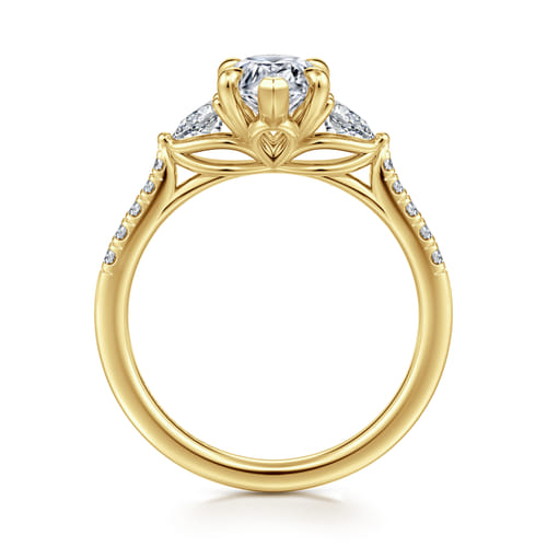 14K Yellow Gold Pear Shape Three Stone Lotus Diamond Engagement Ring