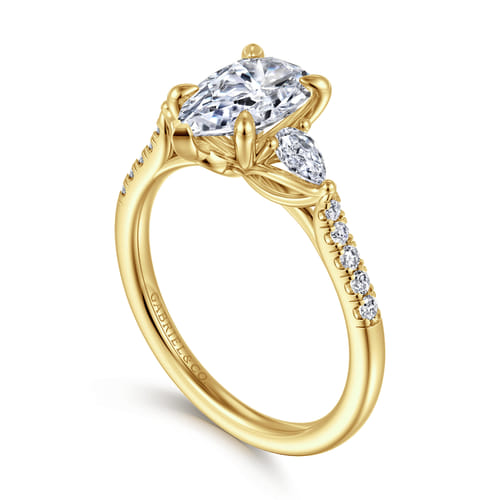 14K Yellow Gold Pear Shape Three Stone Lotus Diamond Engagement Ring