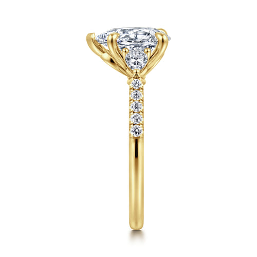 14K Yellow Gold Pear Shape Three Stone Lotus Diamond Engagement Ring