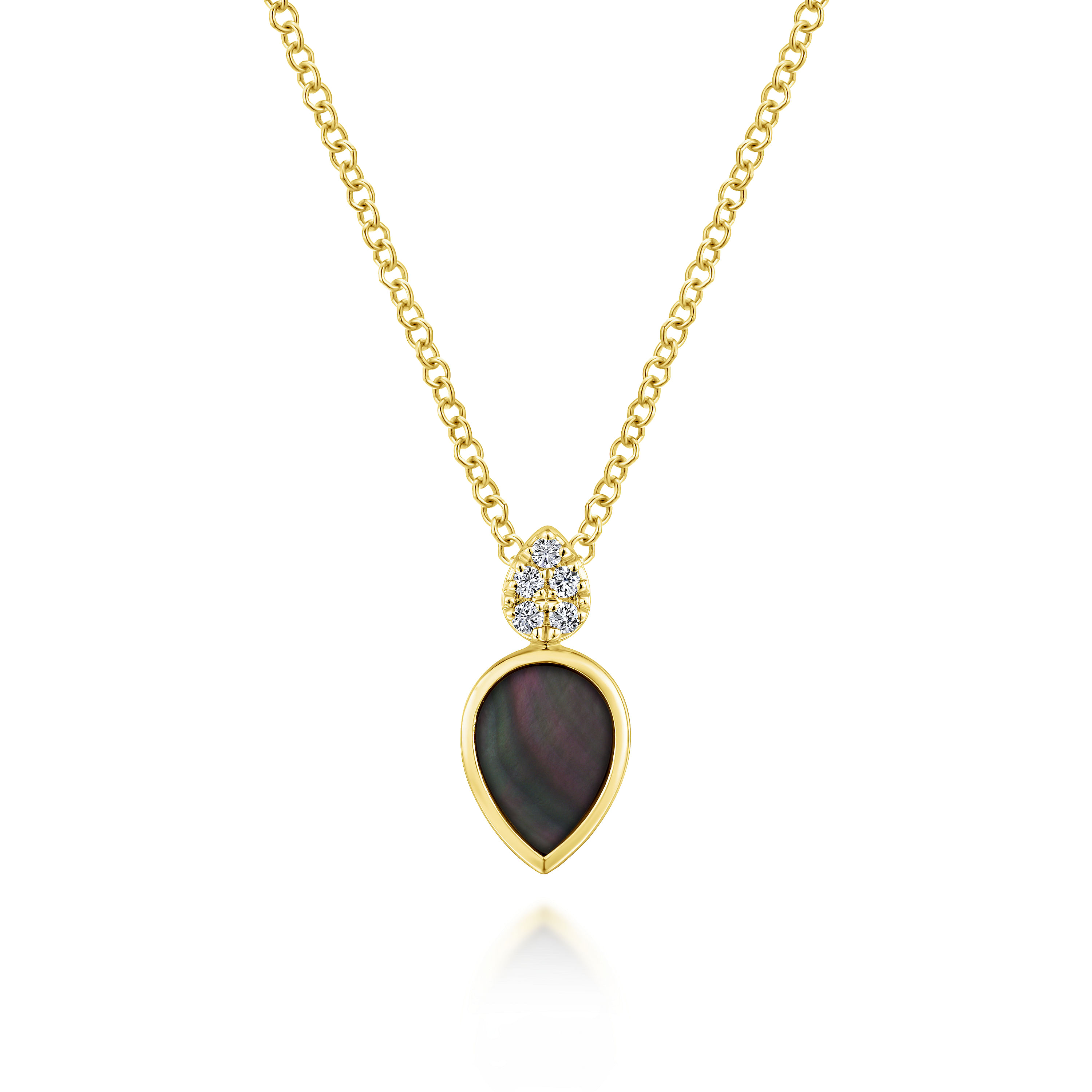14K Yellow Gold Pear Shaped Black Mother Of Pearl and Diamond Pendant Necklace