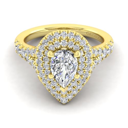 14K Yellow Gold Pear Shaped Double Halo Diamond Engagement Ring