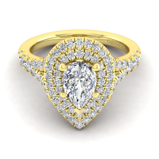 Gabriel - 14K Yellow Gold Pear Shaped Double Halo Diamond Engagement Ring