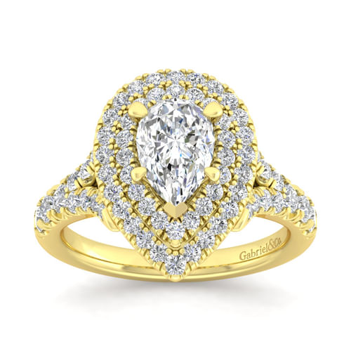 14K Yellow Gold Pear Shaped Double Halo Diamond Engagement Ring