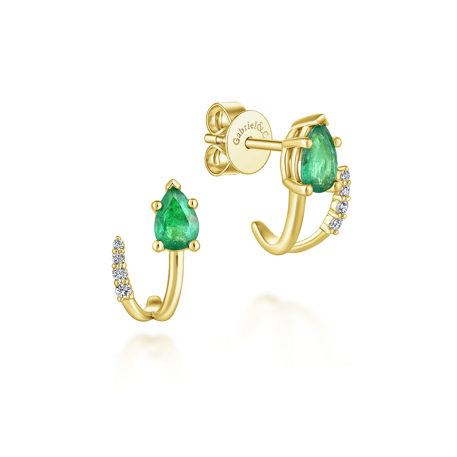 14K Yellow Gold Pear Shaped Emerald and Diamond J Curve Stud Earrings