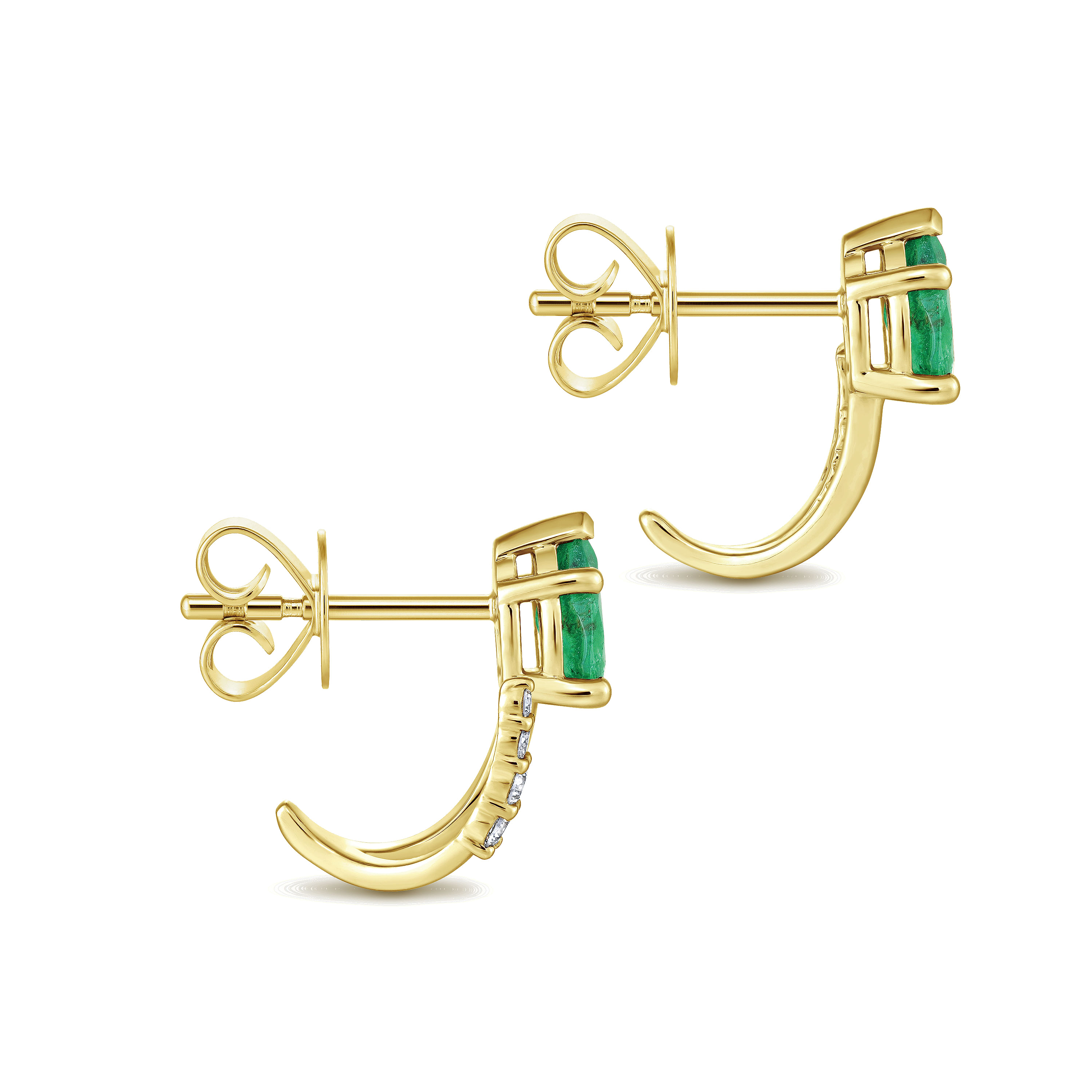 14K Yellow Gold Pear Shaped Emerald and Diamond J Curve Stud Earrings