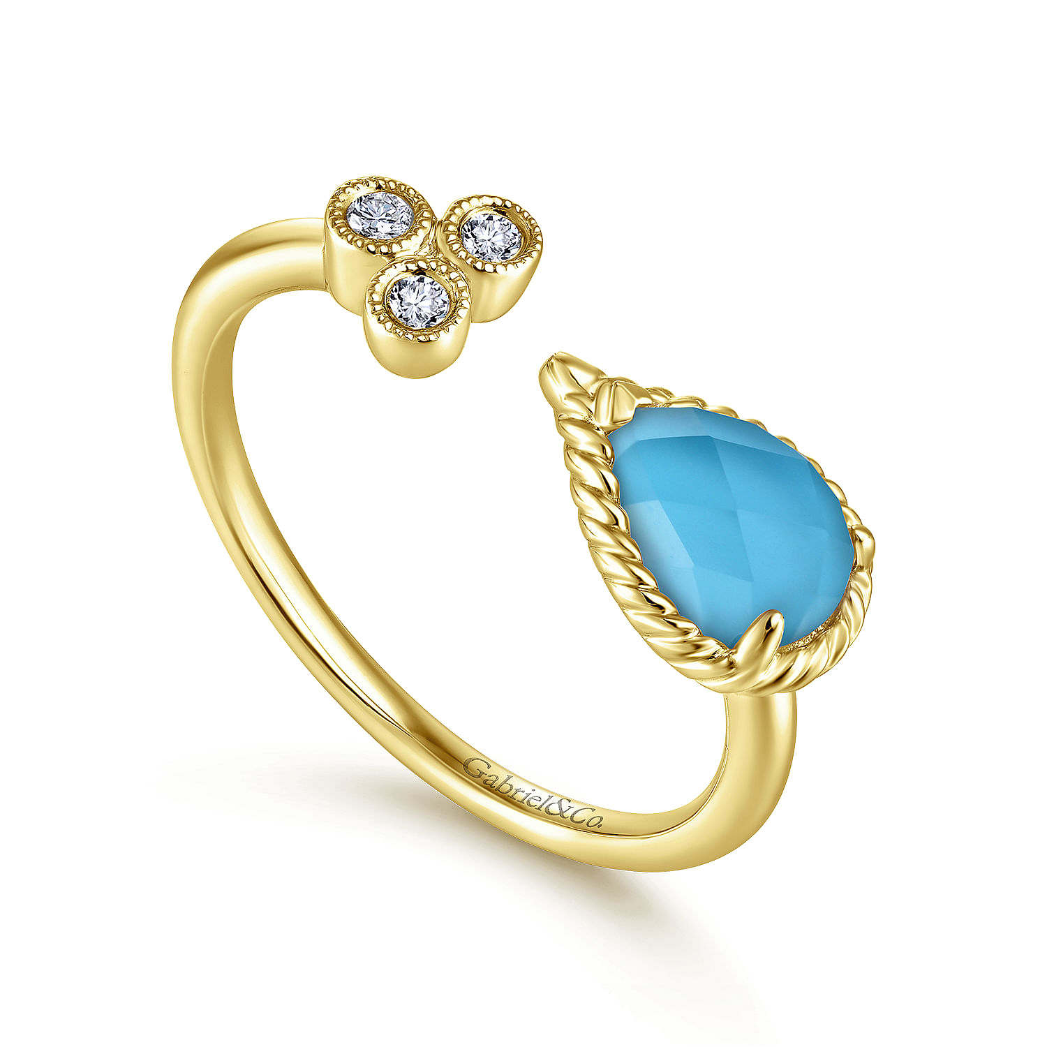 14K Yellow Gold Pear Shaped Rock Crystal/Turquoise Split Ring with Diamonds