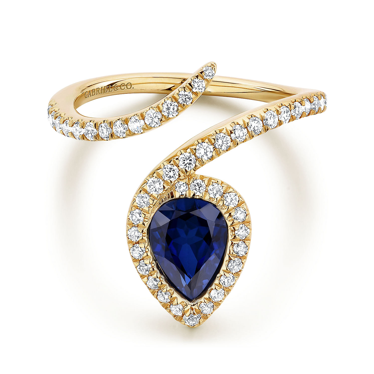 14K Yellow Gold Pear Shaped Sapphire with Diamond Halo Bypass Ring