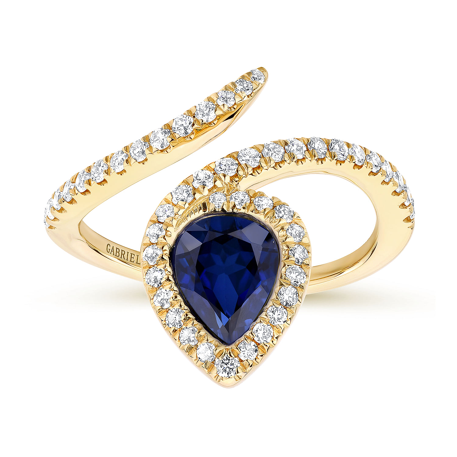 14K Yellow Gold Pear Shaped Sapphire with Diamond Halo Bypass Ring