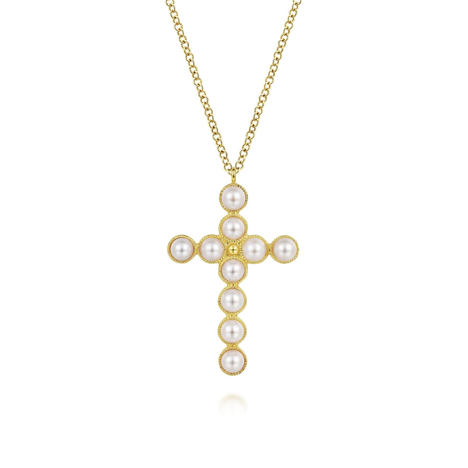 14K Yellow Gold Pearl Cross Pendant Necklace