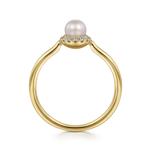 14K Yellow Gold Pearl Promise Ring with Diamond Halo 