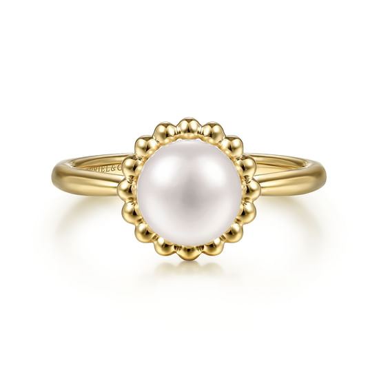 Gabriel - 14K Yellow Gold Pearl Ring with Bujukan Beaded Halo