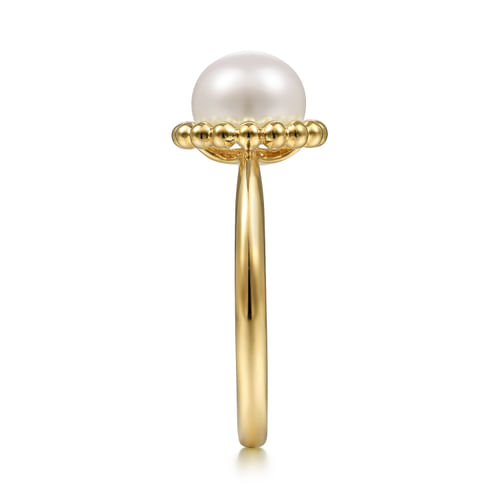 14K Yellow Gold Pearl Ring with Bujukan Beaded Halo