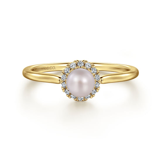 Gabriel - 14K Yellow Gold Pearl Ring with Diamond Halo 