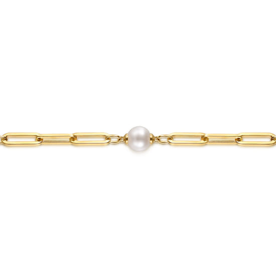 14K Yellow Gold Pearl and Hollow Link Station Chain Bracelet angle 2
