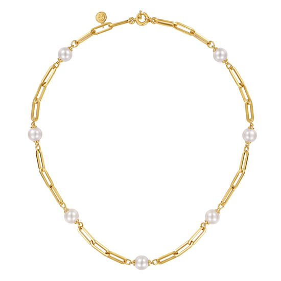 14K Yellow Gold Pearl and Hollow Link Station Chain Necklace angle 2