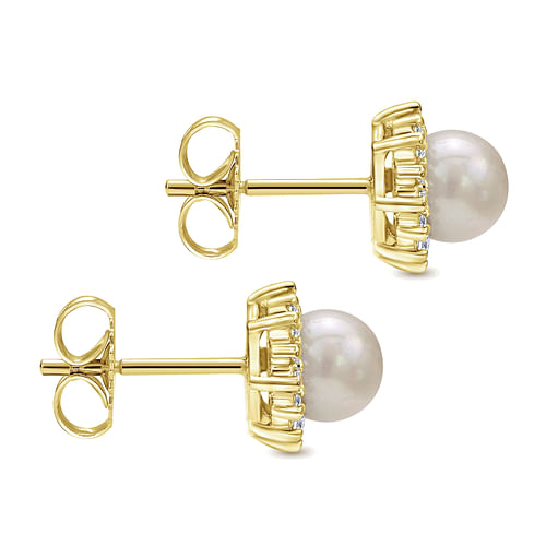 14K Yellow Gold Pearl with Diamond Halo Stud Earrings