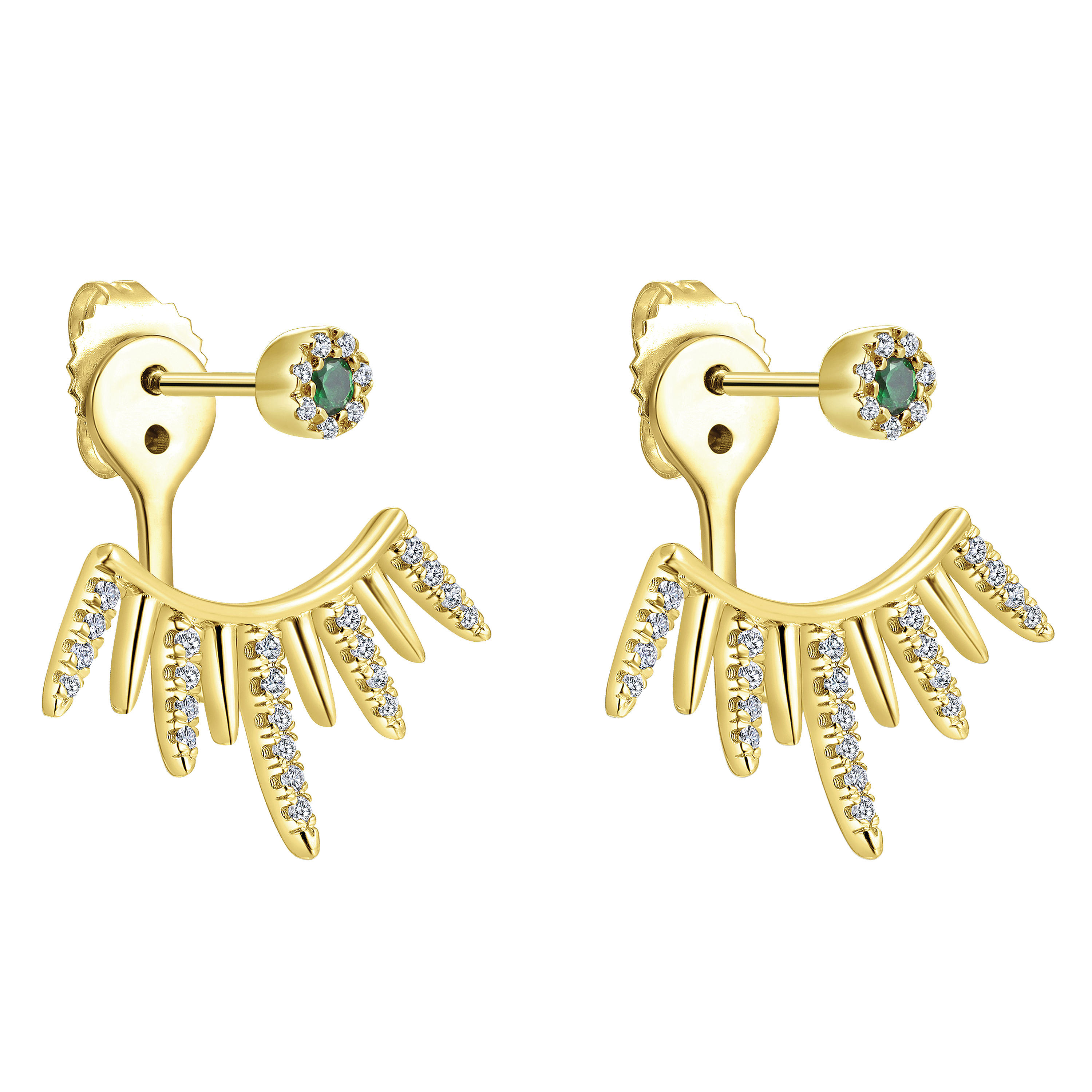 14K Yellow Gold Peek A Boo Emerald Stud & Curving Diamond Fan Earrings