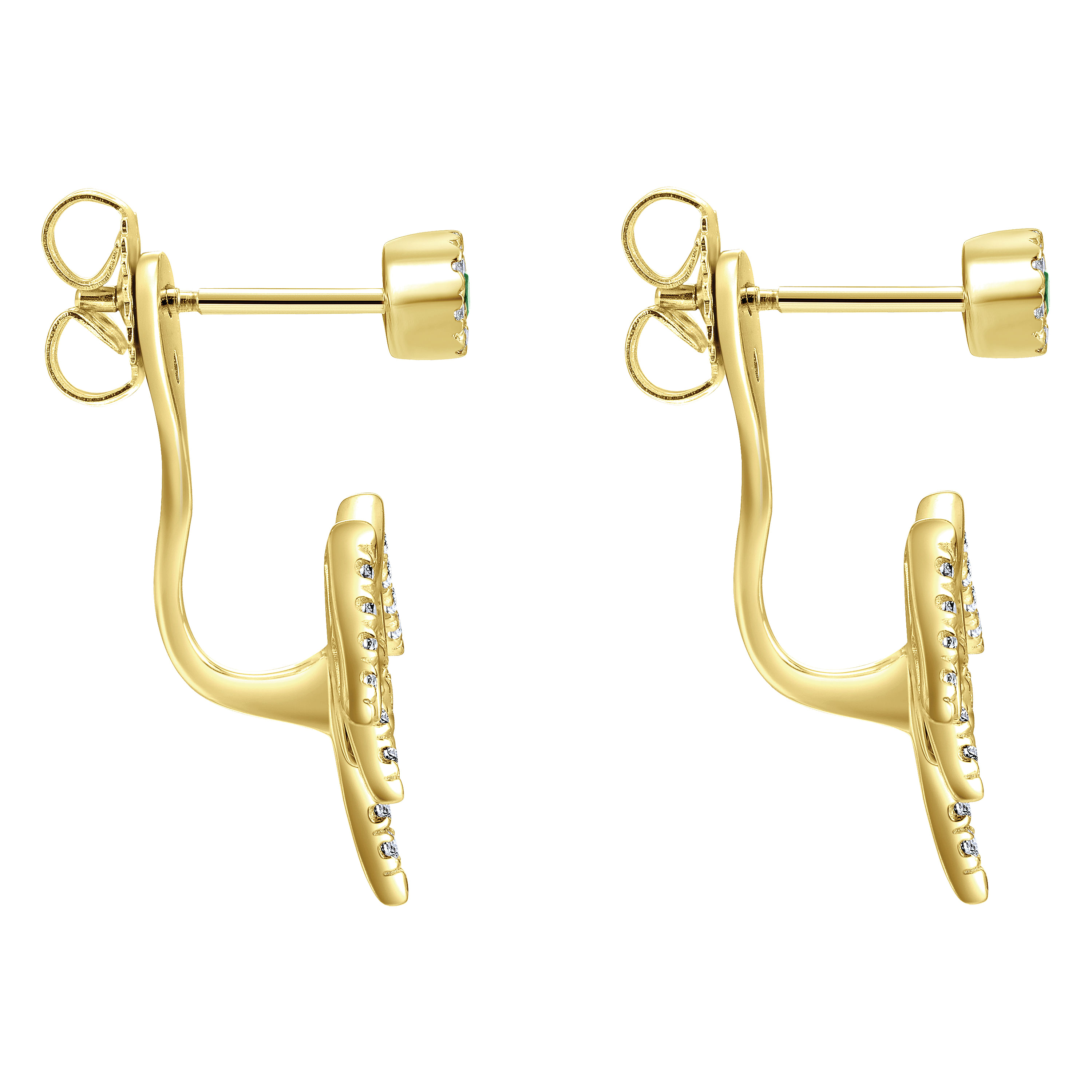 14K Yellow Gold Peek A Boo Emerald Stud & Curving Diamond Fan Earrings